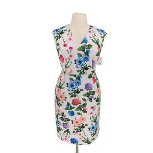 00389 Calvin Klein Floral Sheath Dress White Green size 16W preppy wedding sprin